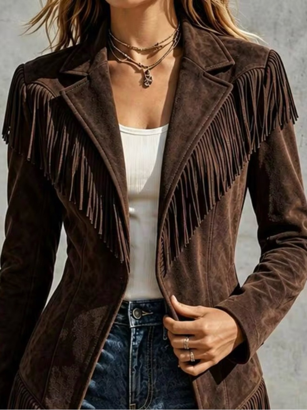 Women's Brown Fringe Faux Suede Jacket